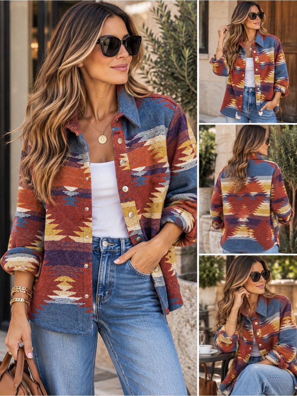 ShopEvelynne Multicolor Aztec Button-Down Shirt Jacket — Rust, Blue, Yellow